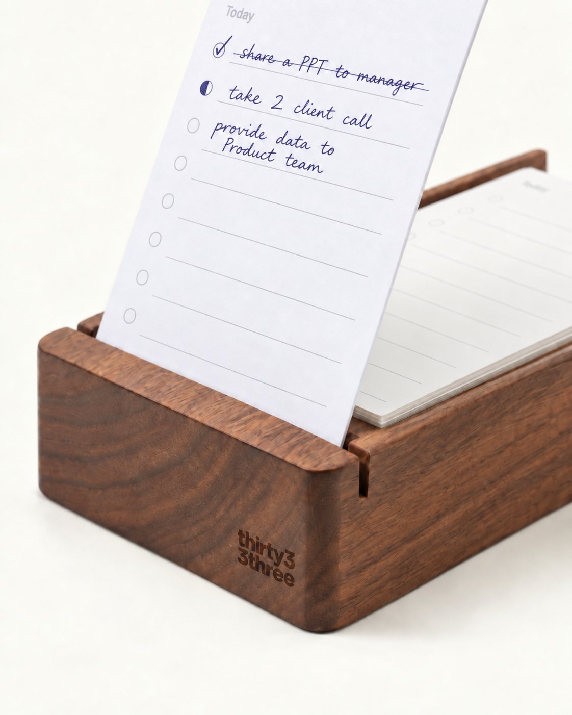 Product concept: a closer look at the card slot and small thirtythree logo on the wooden holder