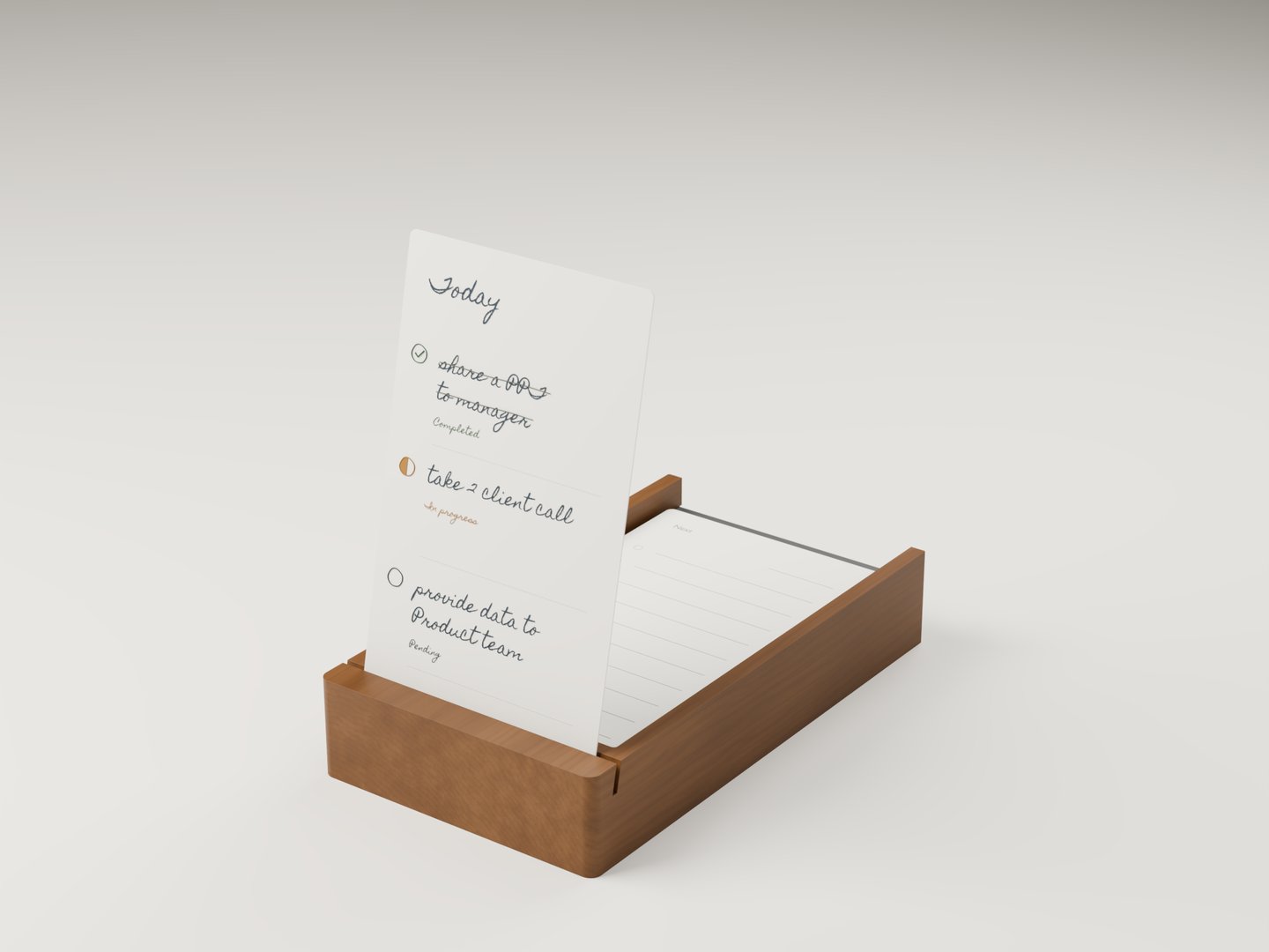 3D product study of the wooden Analog holder with a Today card inserted and spare cards behind it